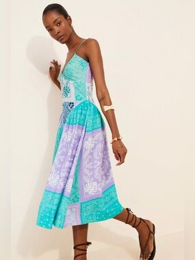 Free People Wish You Would Turquoise & Lavender Patchwork Midi Dress